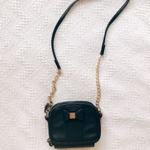 Mini black snakeskin crossbody with gold chain